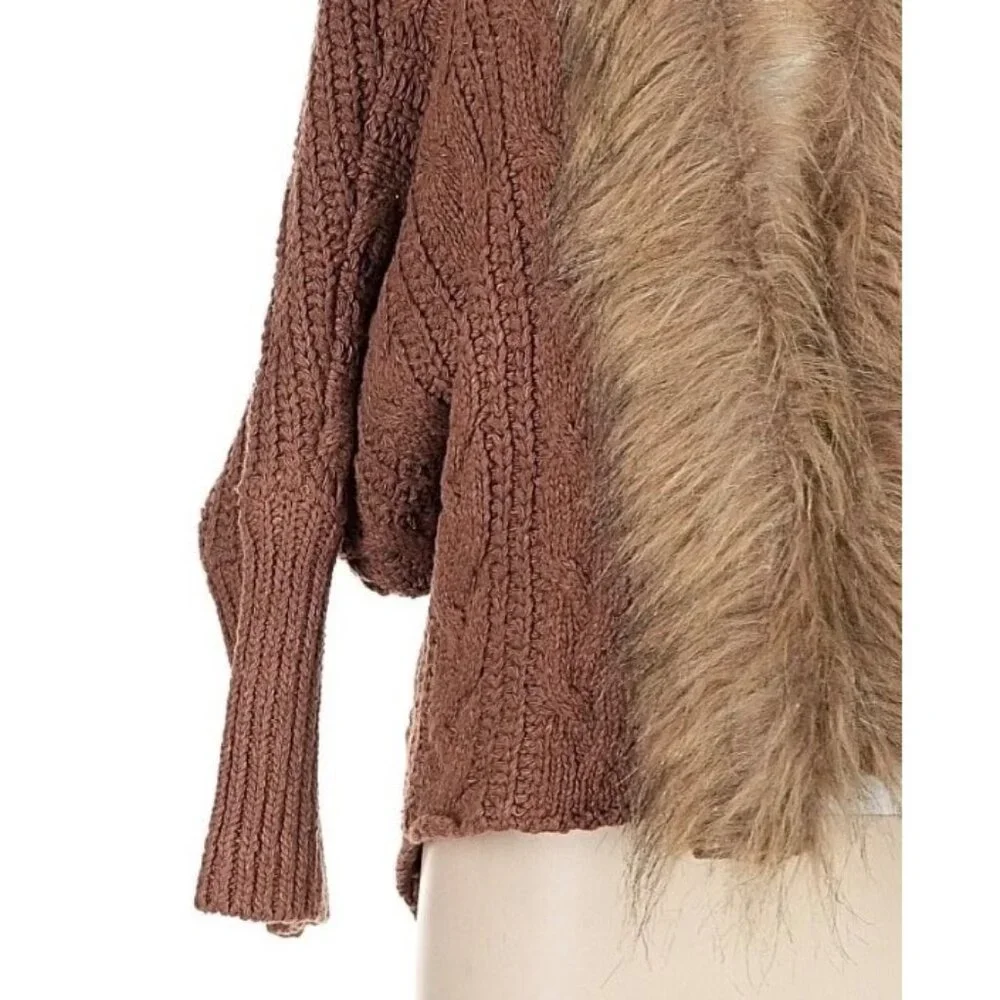 Faux Fur Trim Brown Cable Knit Cardigan | Boho Grunge Fairy Cottagecore Cozycore - Picture 4 of 16